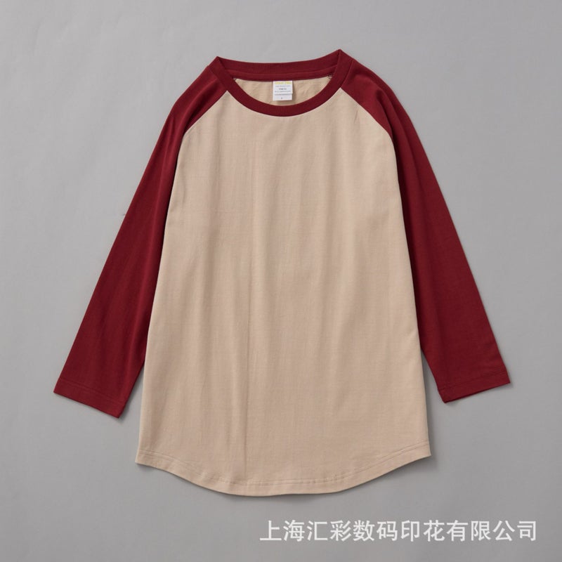 230G Raglan Seven-Point Sleeve T-Shirt Cotton Khaji Retro Oblique Shoulder Color Matching Curved Hem Two Needle Oversize - Image 1